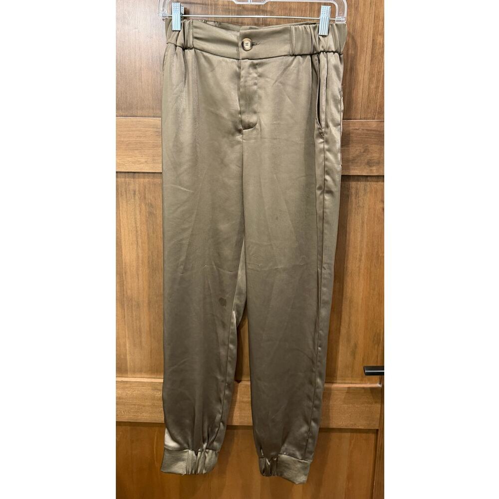Ellison Taupe Olive Satin Jogger Pants Size Small‎ Elastic Cuff High Rise Silk